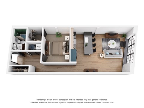 A 3D floor plan of a small apartment with a kitchen, living room, and bathroom.